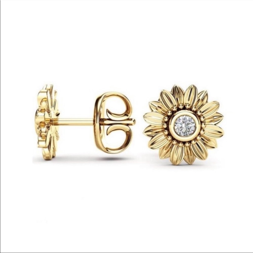 18K YELLOW GOLD DIAMOND SUNFLOWER STUD EARRINGS - Picture 3 of 3